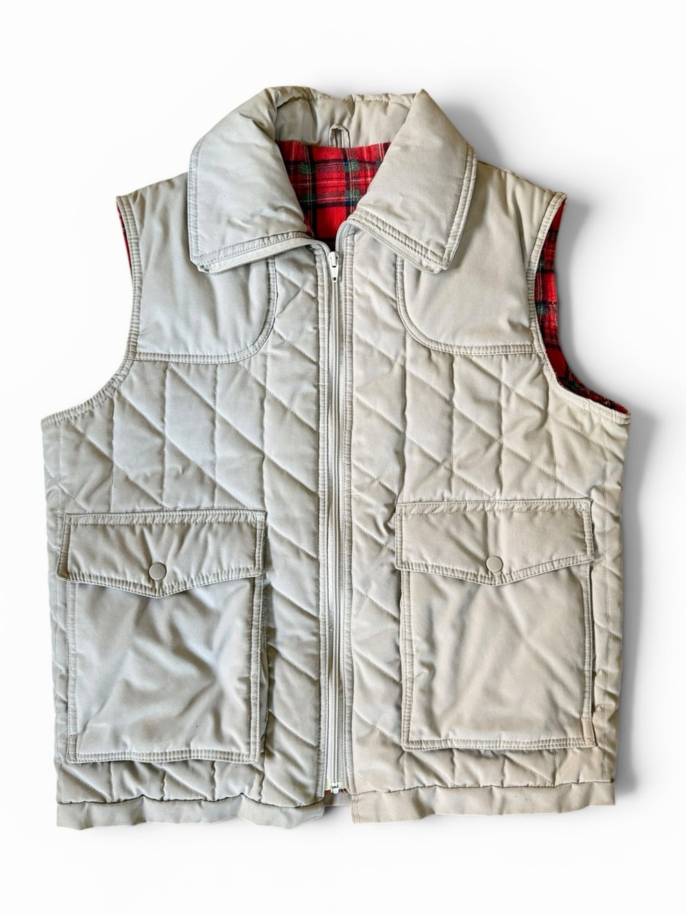 Vintage 80s Puffer Quilted Vest - Red Plaid Cotton Lining Hunting Workwear